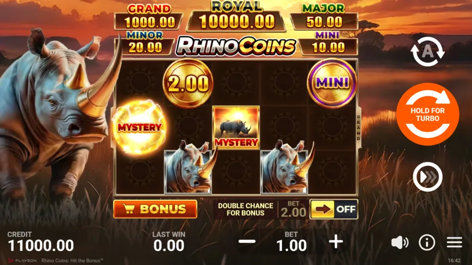 Rhino Coins Hit the Bonus base game 5x3 grid collecting sticky symbols