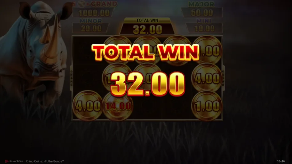 Coin Bonus Game result screen showing the Total Win amount