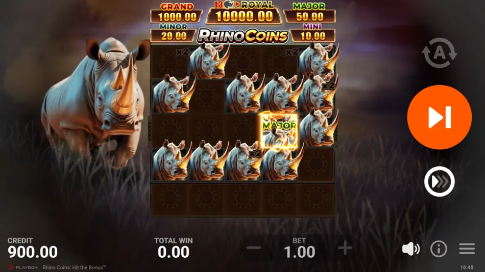 Rhino Super Bonus Game 5x5 field with active multiplier cells and Rhino Jackpot symbol